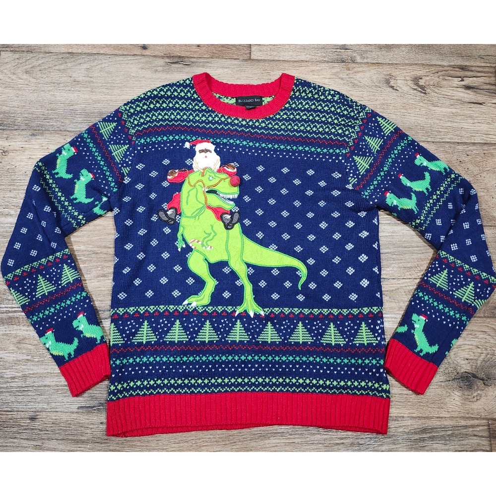 Blizzard Bay Mens Ugly Christmas Sweater Santa T-Rex Dinosaur Dino M Xmas Party